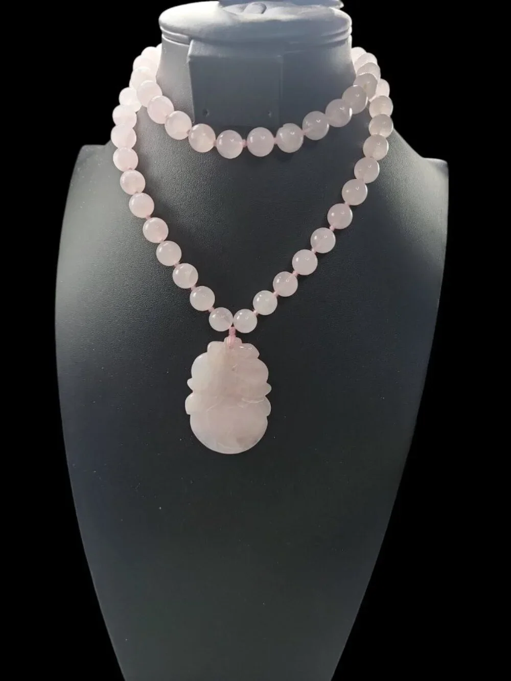 Chinese Rose Quartz Hand Knotted Mala Lotus Design Necklace 28